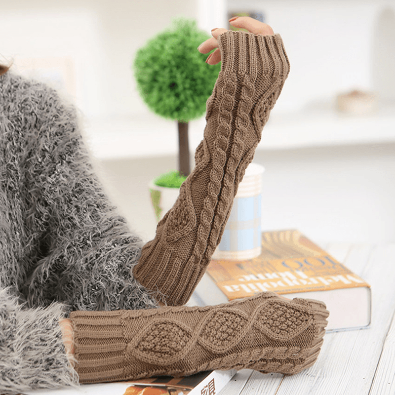 Women Winter Warm Knitting Fingerless Long Sleeve Gloves Casual Rhombic Pattern Gloves - MRSLM