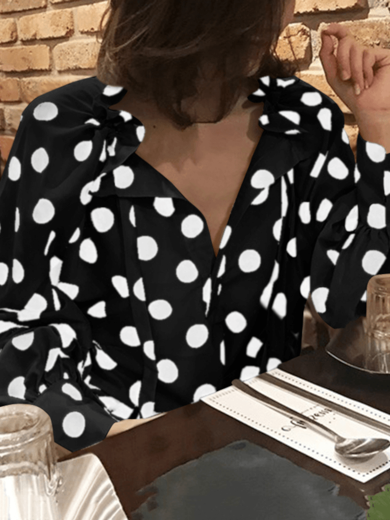 Polka Dots Printing Lantern Sleeve Neckline Bow Tie Casual Blouse for Women