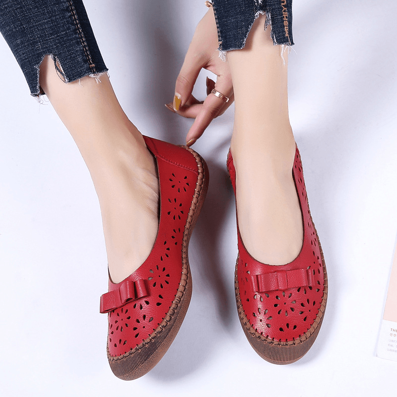 Women plus Size Genuine Leather Breathable Hollow Out Slip on Casual Flats Loafers