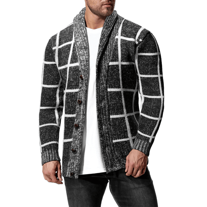 Men'S Winter Color Matching Plaid Cardigan Sweater