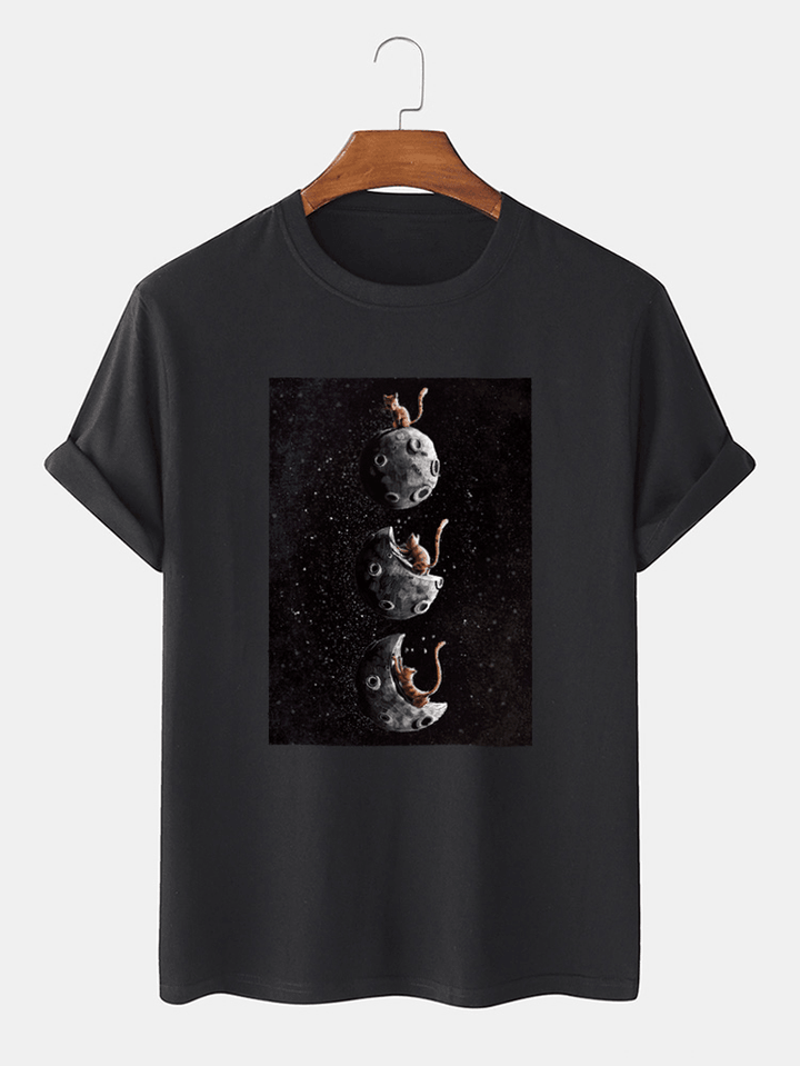 Mens 100% Cotton Space Cat Graphic Print Casual Short Sleeve T-Shirt