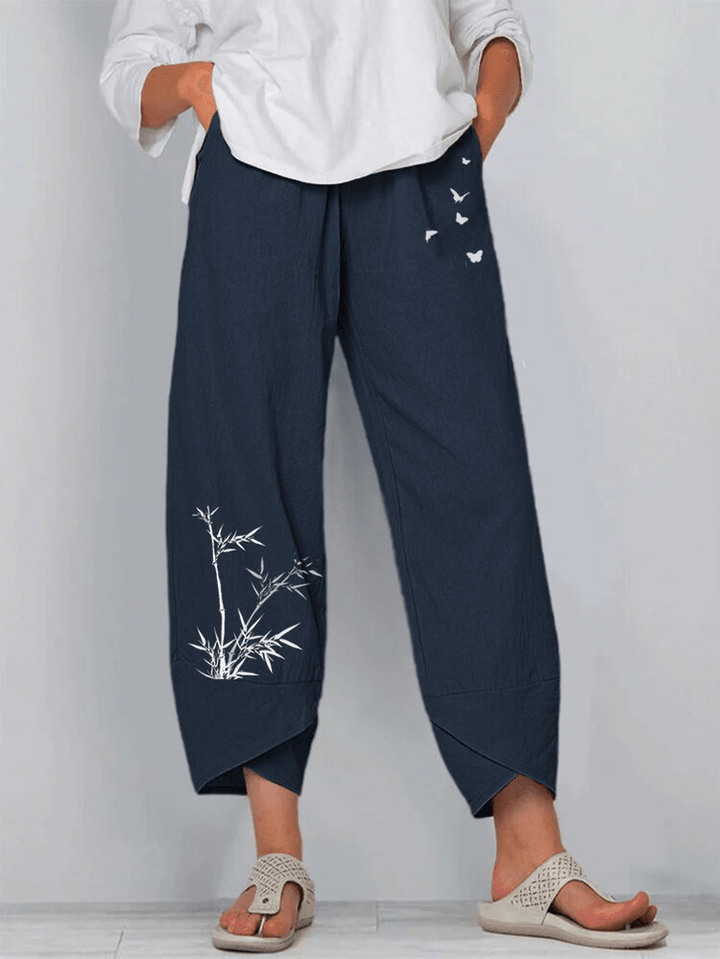 Bamboo Butterfly Print Elastic Waist Loose Irregular Hem Casual Pants for Women