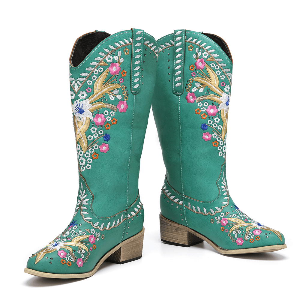 Women Leather Retro Floral Printing Wearable Comfy Slip on Chunky Heel Mid-Calf Cowboy Boots