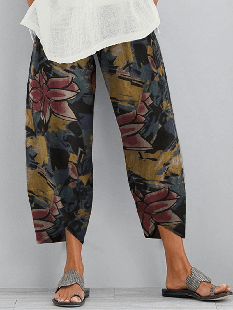 Floral Print Elastic Wasit Loose Irregular Hem Pocket Pants for Women