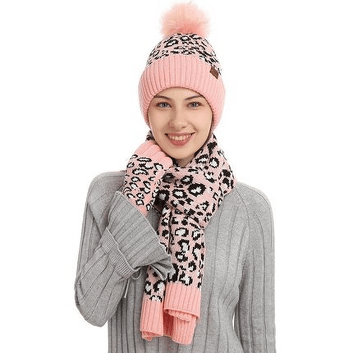 Winter Leopard Print Warm Knitted Wool Hat Scarf Gloves Three Piece Set