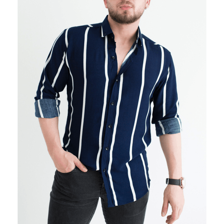 Men'S Printed Striped Lapel Business Casual Shirt