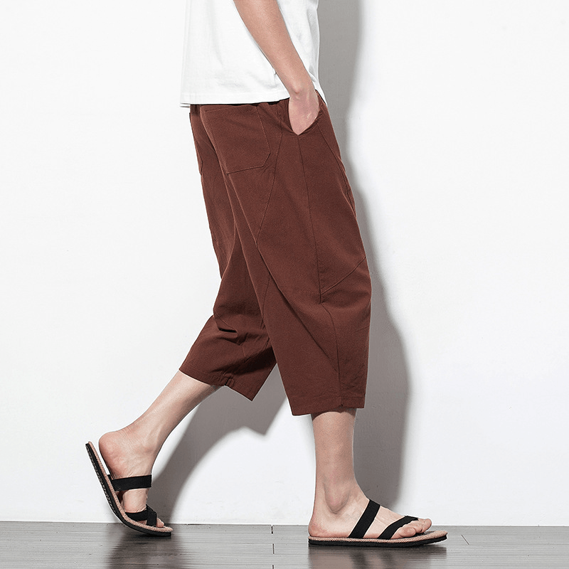 Mens Summer Vintage Linen Calf Length Casual Pants