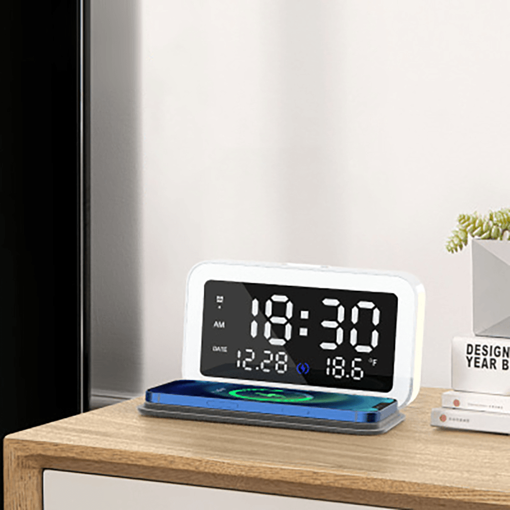 6 in 1 LED Electric Alarm Clock Thermometer Digital Multifunction Night Light Clock with Mobile Phone Wireless Charger Home Office Supplies