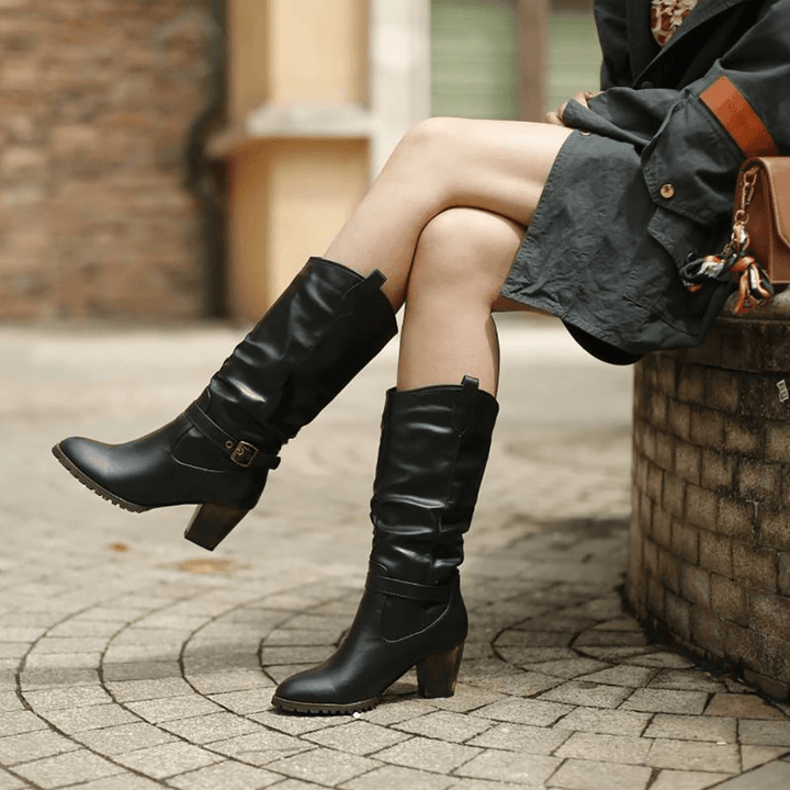 Women Large Size Buckle Belt Decor Mid Calf Chunky Heel Riding Boots