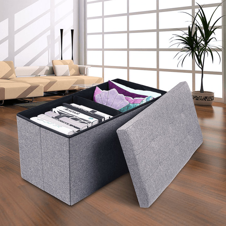 Folding Storage Ottoman Chair Seat Stool Chest Toy Storage Box Linen Look