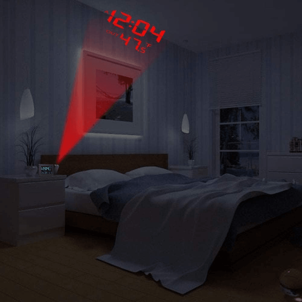 Digital Projection Clock LED Display Dimmer USB Charger Alarm Clock with Indoor Outdoor Thermometer for Home Bedroom Decoration Clock