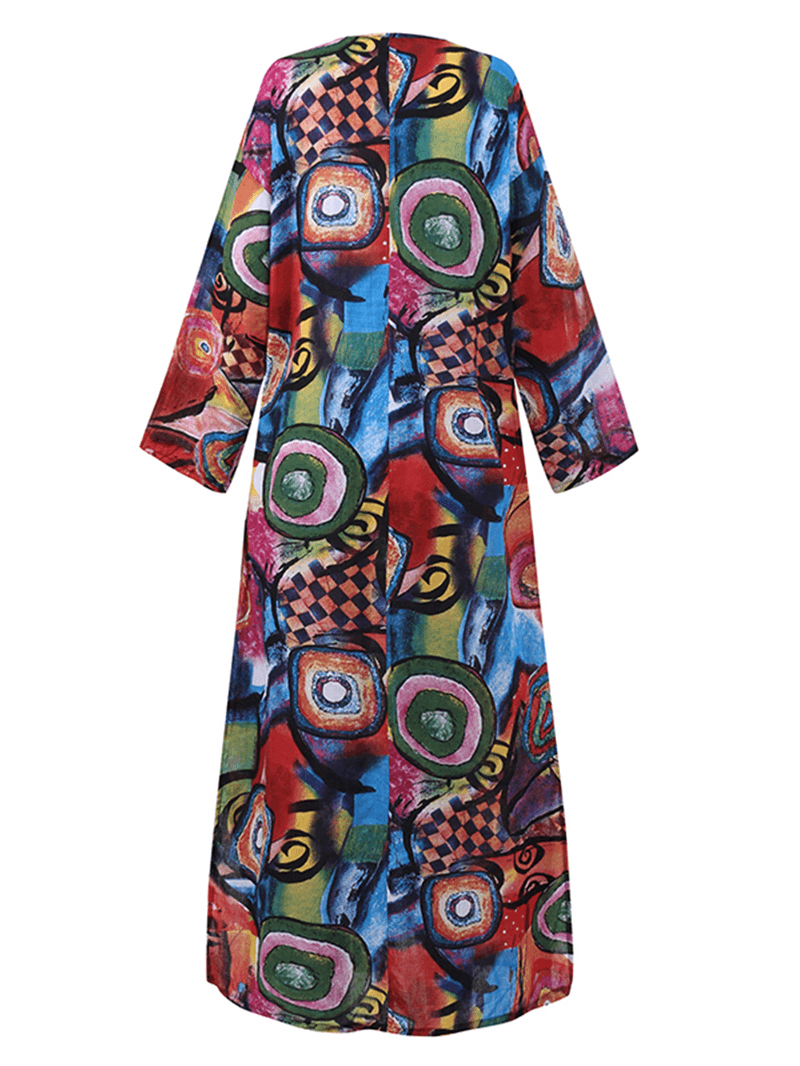 Women Ethnic Abstract Print Long Sleeve Bohemian Maxi Dress