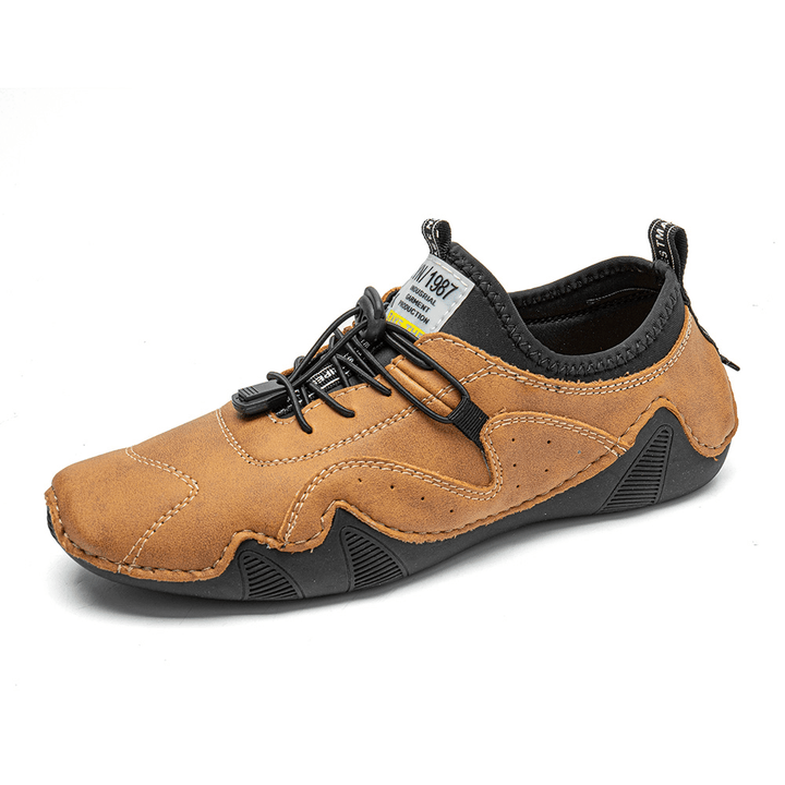 Men Leather Breathable Hand Stitching Soft Sole Elastic Laces Comfy Brief Casual Driving Shoes