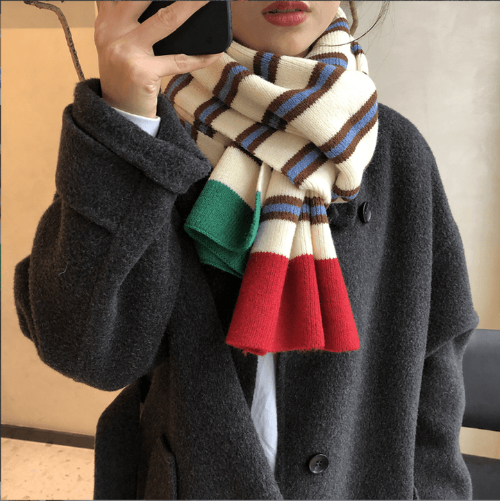 Casual Contrast Striped Knitted Warm Wool Scarf