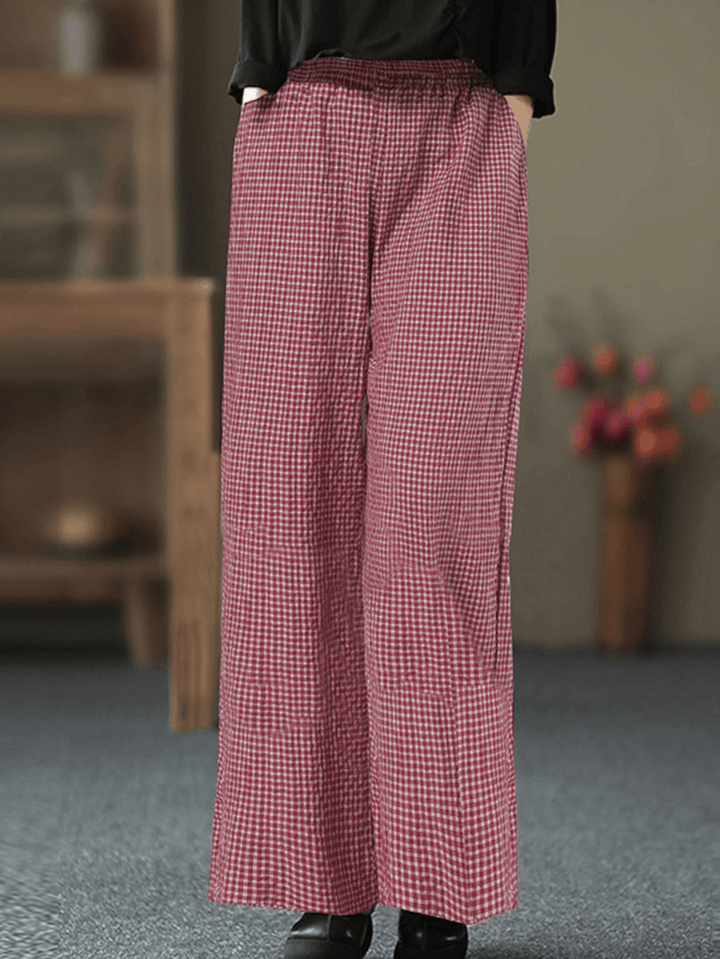 Women Plaid Wide-Legged Elastic Waist Side Pocket Ankle Length Loose Pants