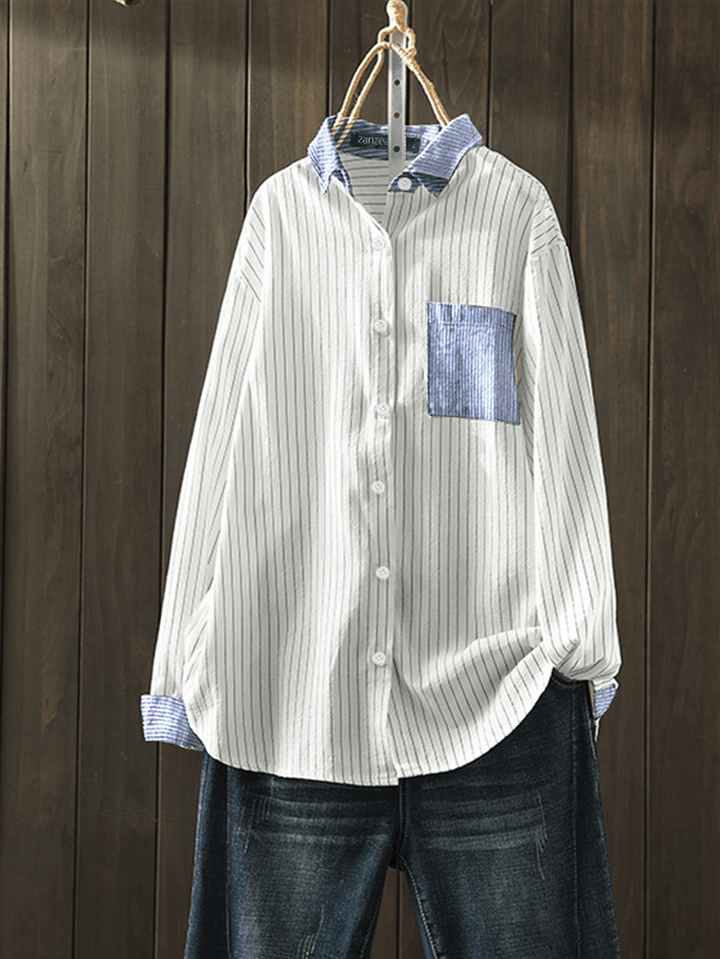 Women Cotton Stripe Print Patchwork Simple Daily Casual Shirts