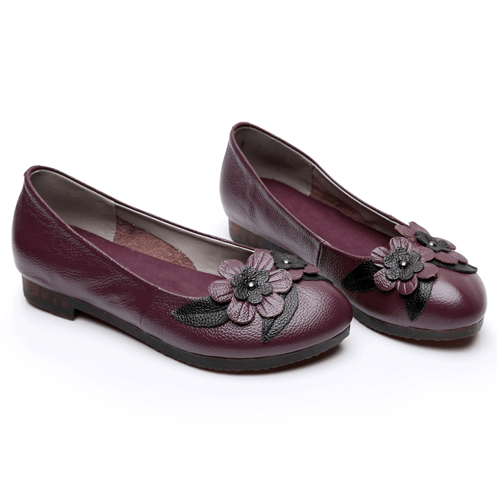 Women Flowers Decor Comfy Sole Soft Leather Loafers