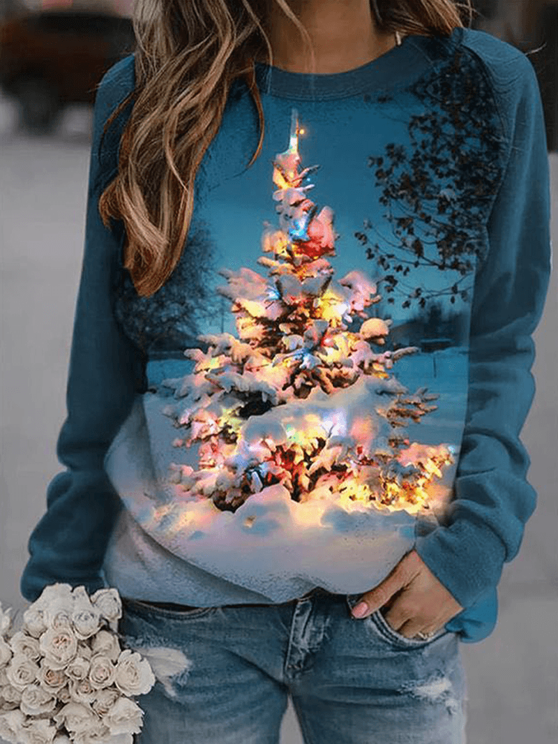 Women Christmas Tree Landscape Print O-Neck Sweatshirts