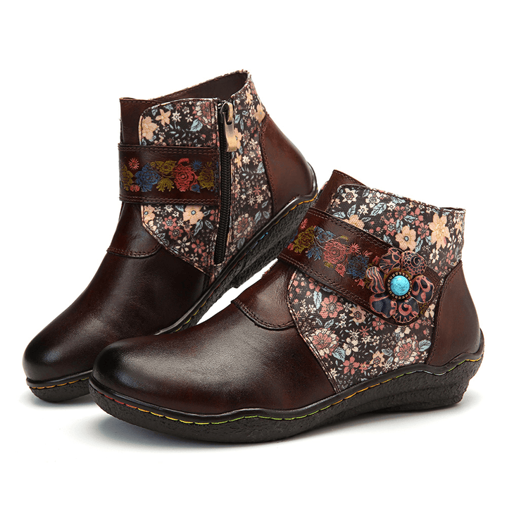 Retro Small Flowers Colorful Stitching Soft Leather Boots