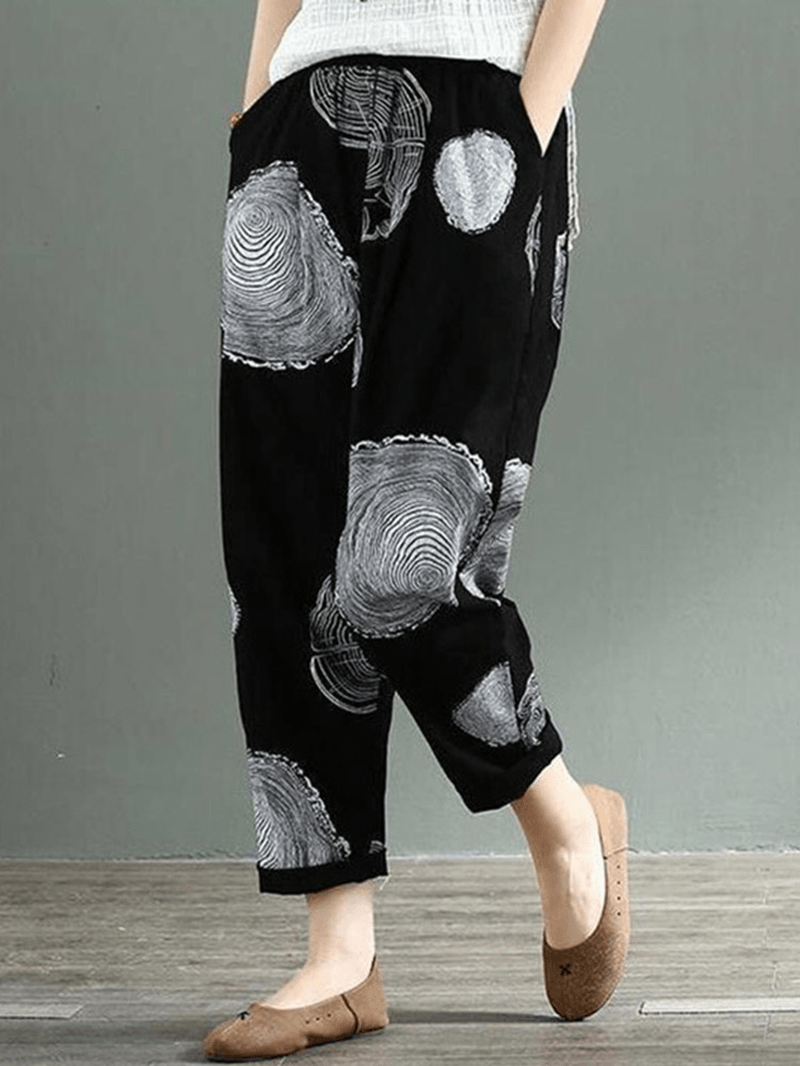 Women Cotton Wave Point Elastic Waist Side Pockets Trouser Pants