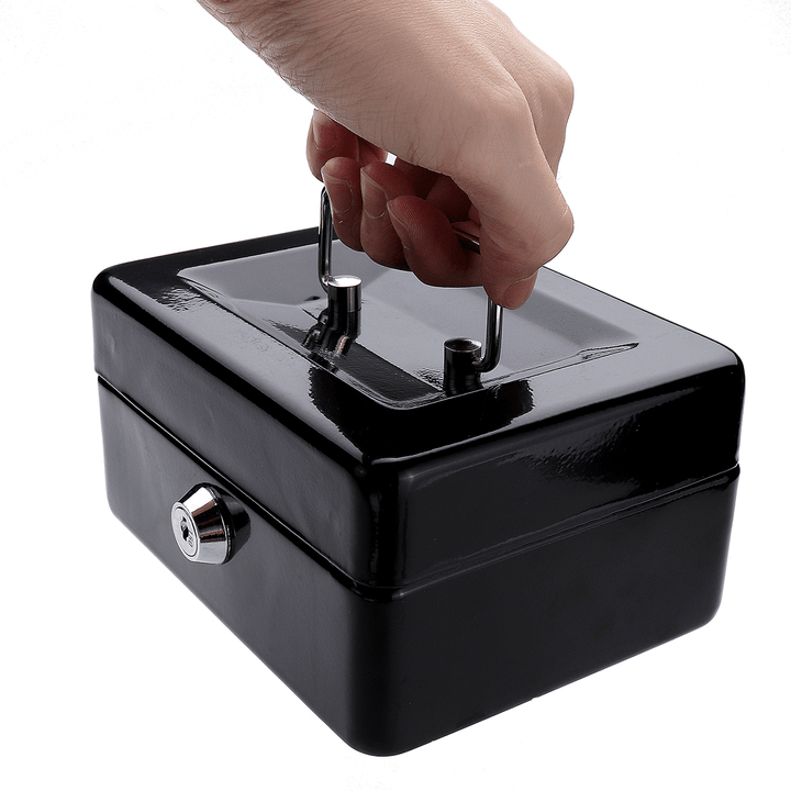 Mini Portable Money Safe Storage Case Black Sturdy Metal with Coin Tray Cash Carry Box