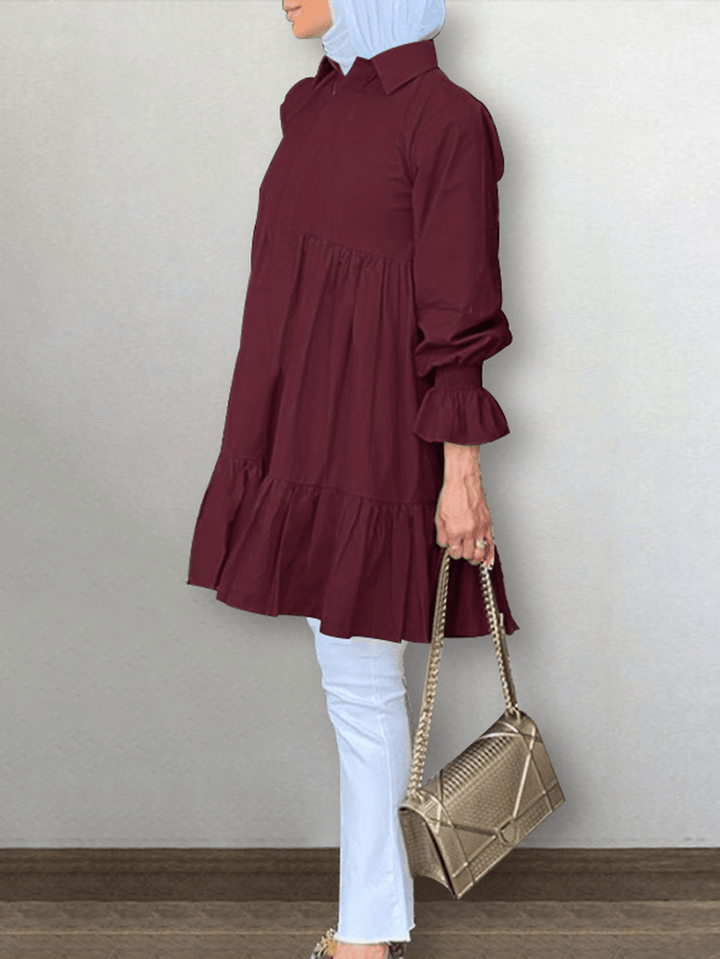 Women Half Button Lapel Tiered Ruffle Sleeve Solid Casual Blouses