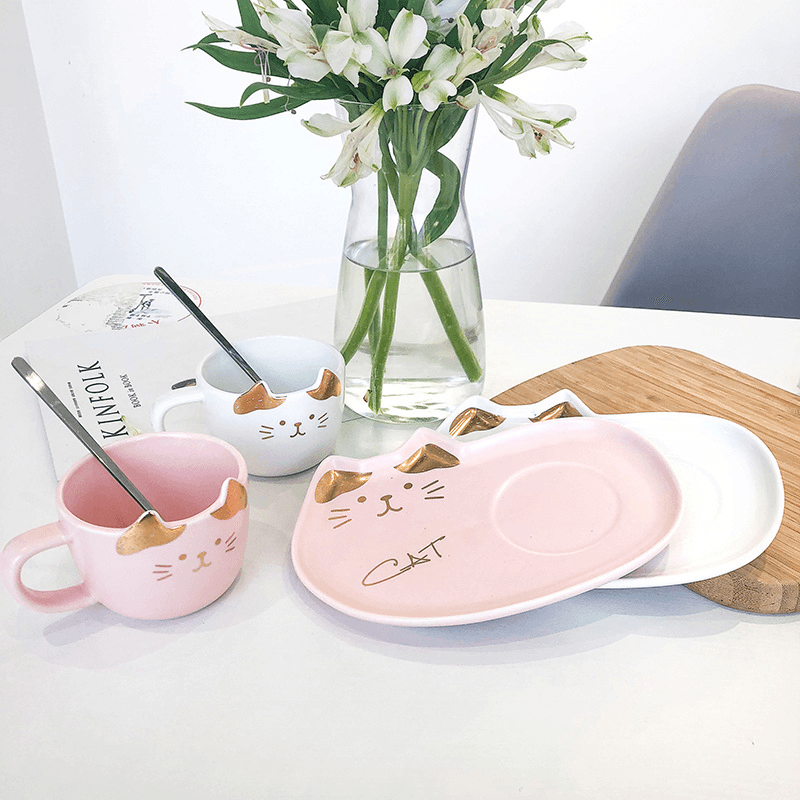 200ML Cat Gold Ceramic Coffee Cup Dish Restaurant with Dish Water Cup Office Cup Tea Cup