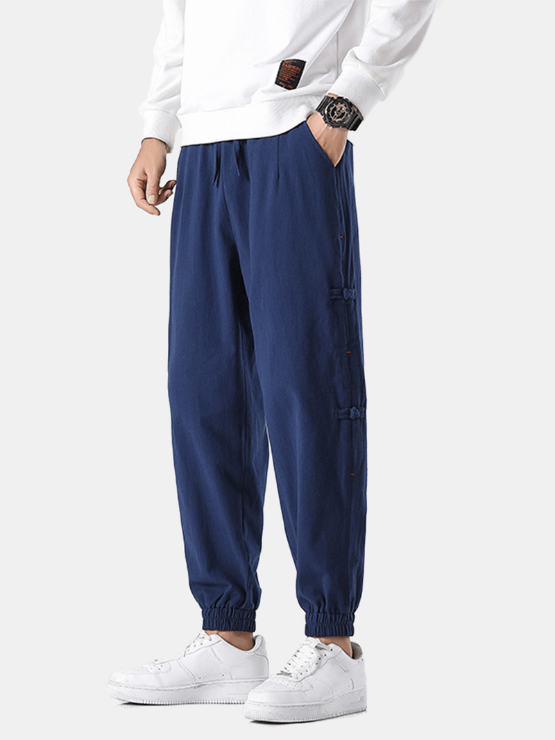 Mens Frog Button Side National Style Solid Drawstring Elastic Cuff Pants