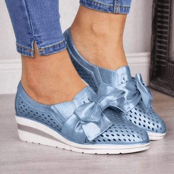 Women Breathable Hollow Butterfly Knot Wedges Loafers - MRSLM