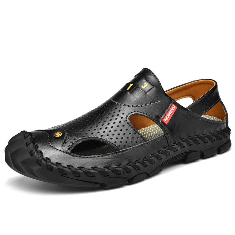 Men'S Leather Casual Breathable Foldable Thick Bottom Outdoor Non-Slip Beach Shoes