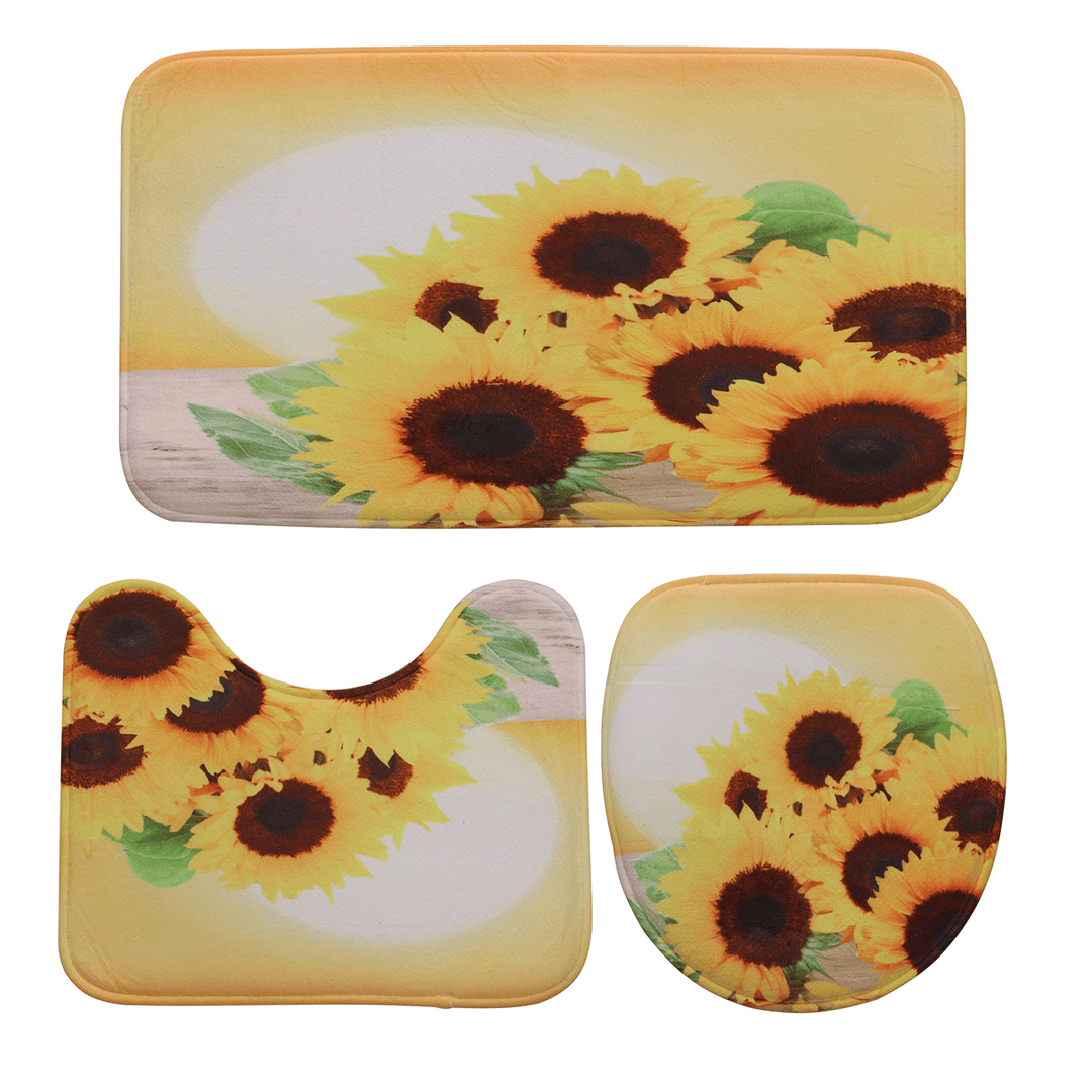 Sunflower Waterproof Shower Curtain Toilet Lid Cover Bathroom Non-Slip Mat Set