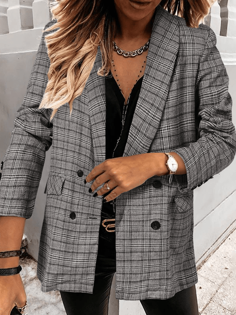 Women Plaid Double Breasted Lapel Casual Long Sleeve Thin Blazers - MRSLM