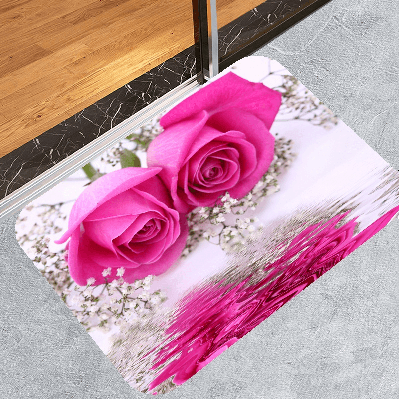 Pink Rose Waterproof Bathroom Shower Curtain Toilet Cover Bath Mat Pedestal Rug