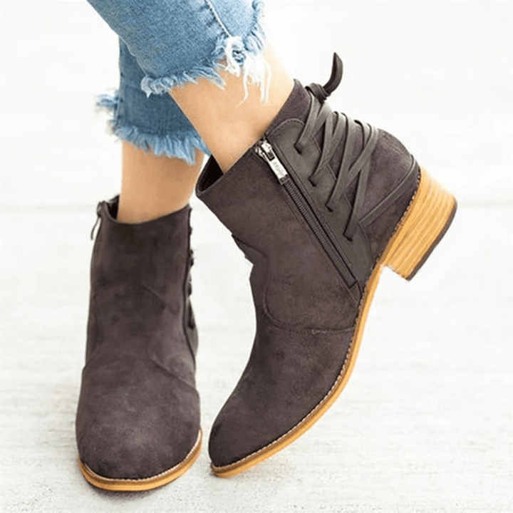 Large Size Women Back Cross Ribbon Sticting Zipper Ankle Boots