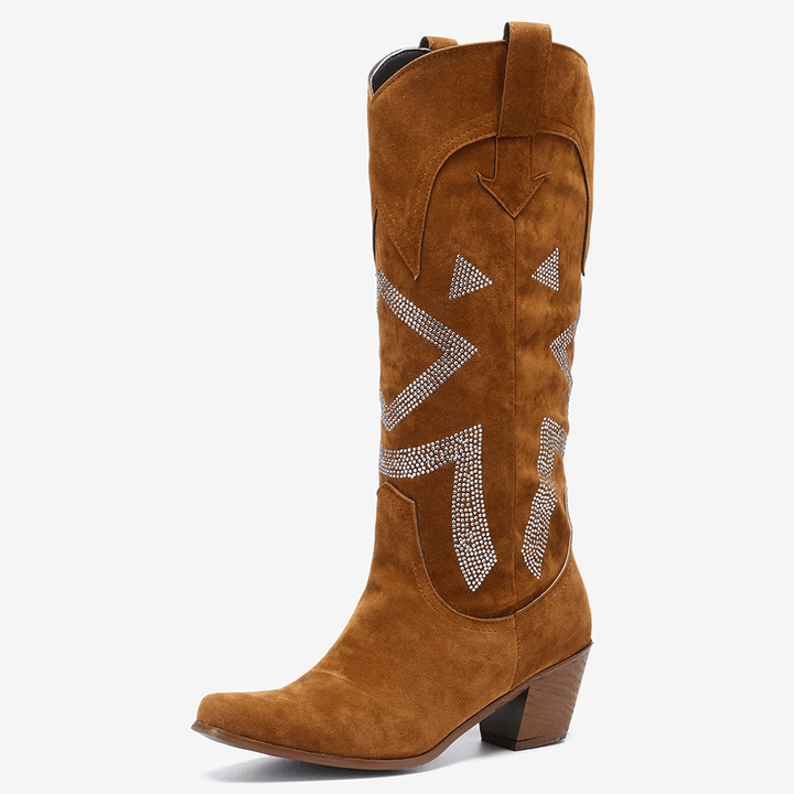 Plus Size Women Suede Rhinestone Chunky Heel Knee Cowboy Boots - MRSLM