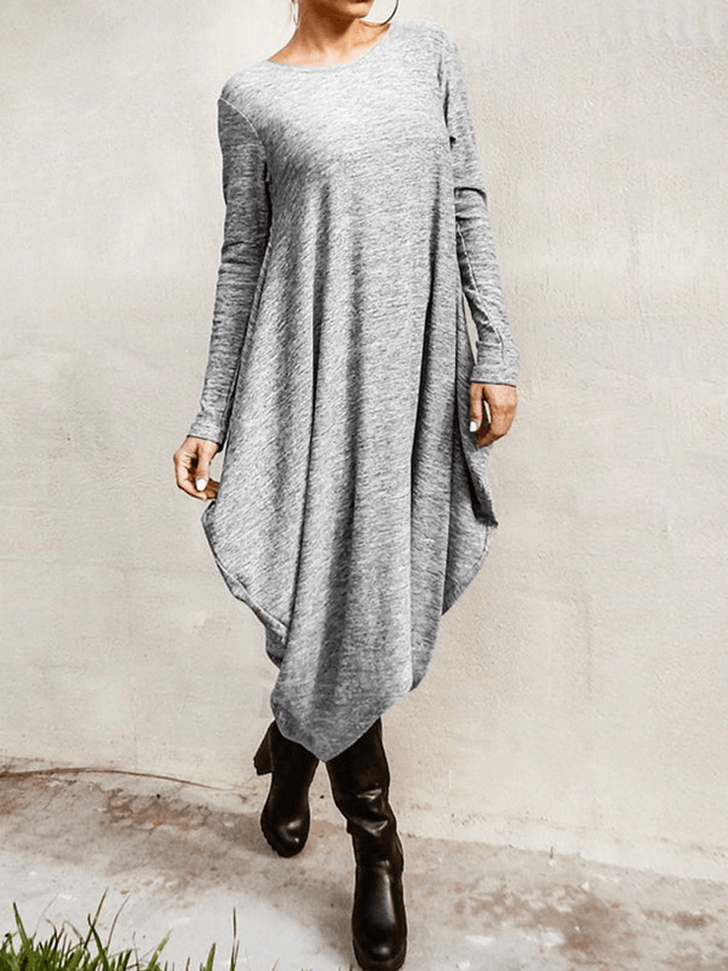 Women's Casual High Low Hem Midi Dress - Loose Fit with Long Sleeves