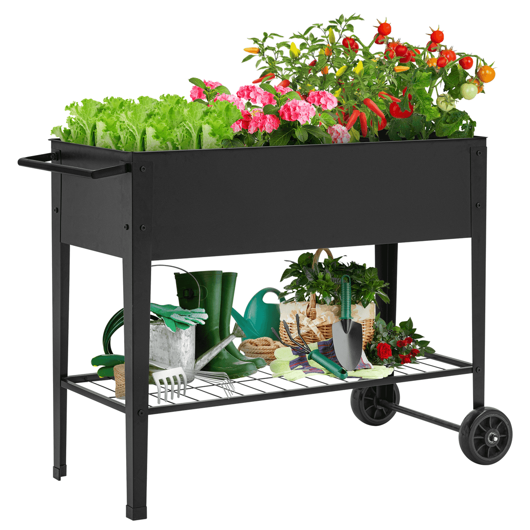 KINGSO Raised Garden Bed Elevated Planter Box Outdoor on Wheels Mobile Planter Garden Bed Box for Herb Vegetable Flower Backyard Patio Durable Steel Planter with Shelf, 42 L X 19 W X 31 H