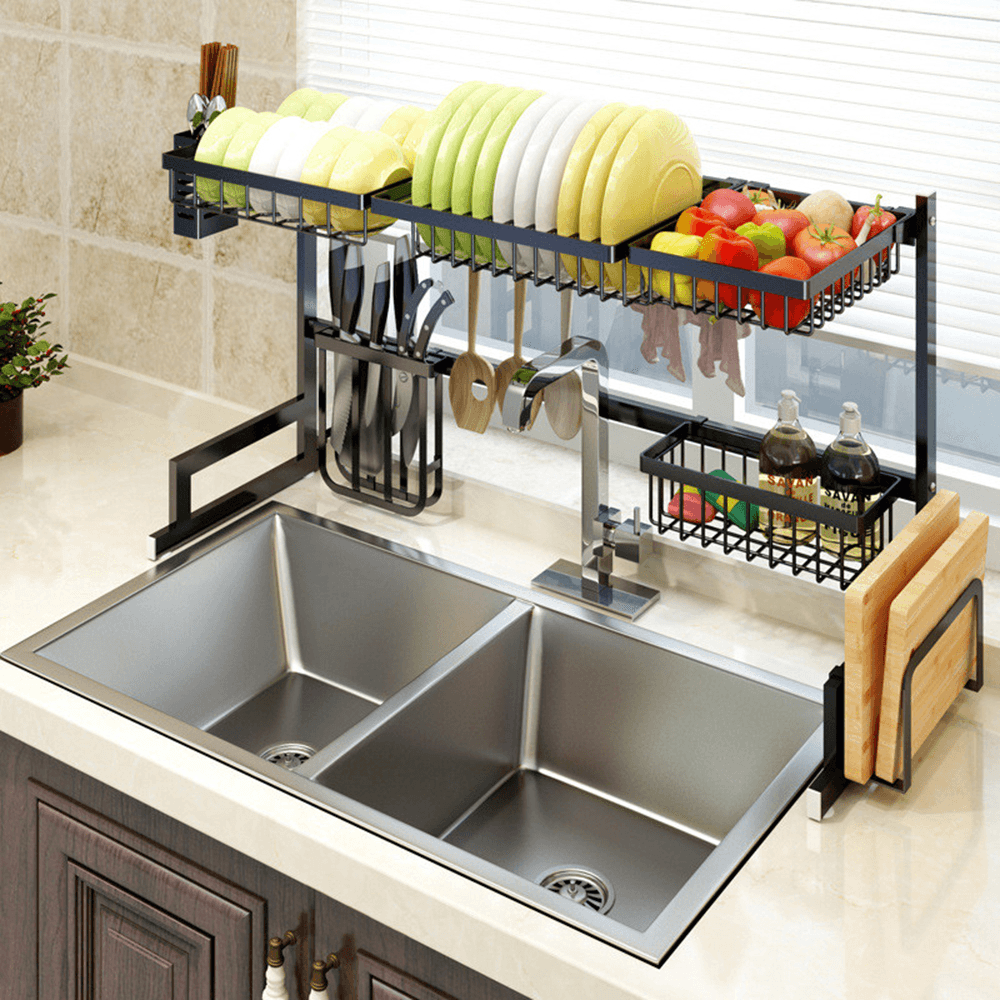 2 Layers Stainless Steel over Sink Dish Drying Rack Storage Multifunctional Arrangement for Kitchen Counter