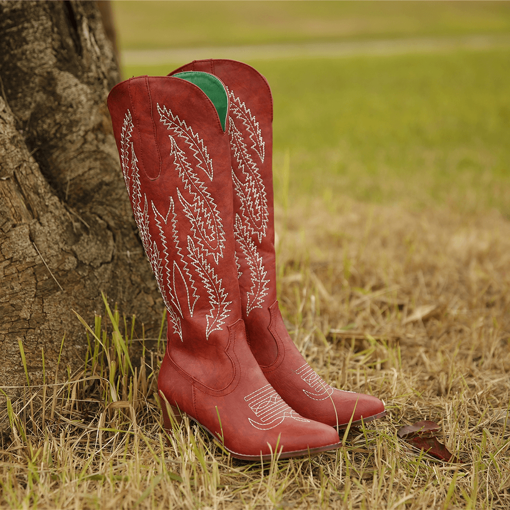 Plus Size Women Retro Red Pointed Toe Embroidered Chunky Heel Zipper Cowboy Boots