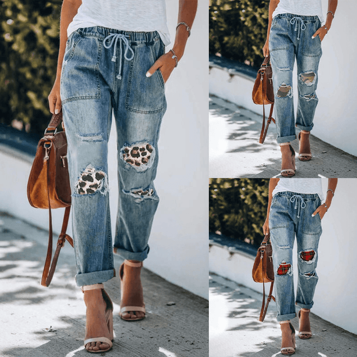 Printed Loose Wide-Leg Straight-Leg Pants with Holes