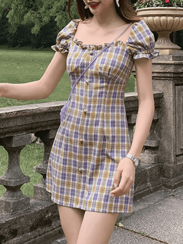 Puff Sleeve Ruffles Square Neck Summer Holiday Mini Dress for Women