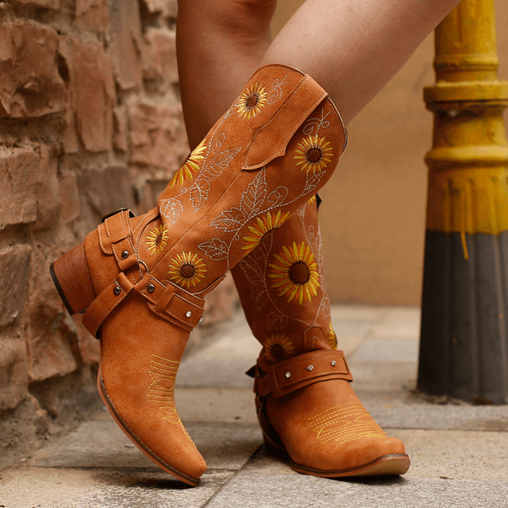 Women Retro Sunflowers Pattern Pointed Toe Chunky Heel Harness Cowboy Boots