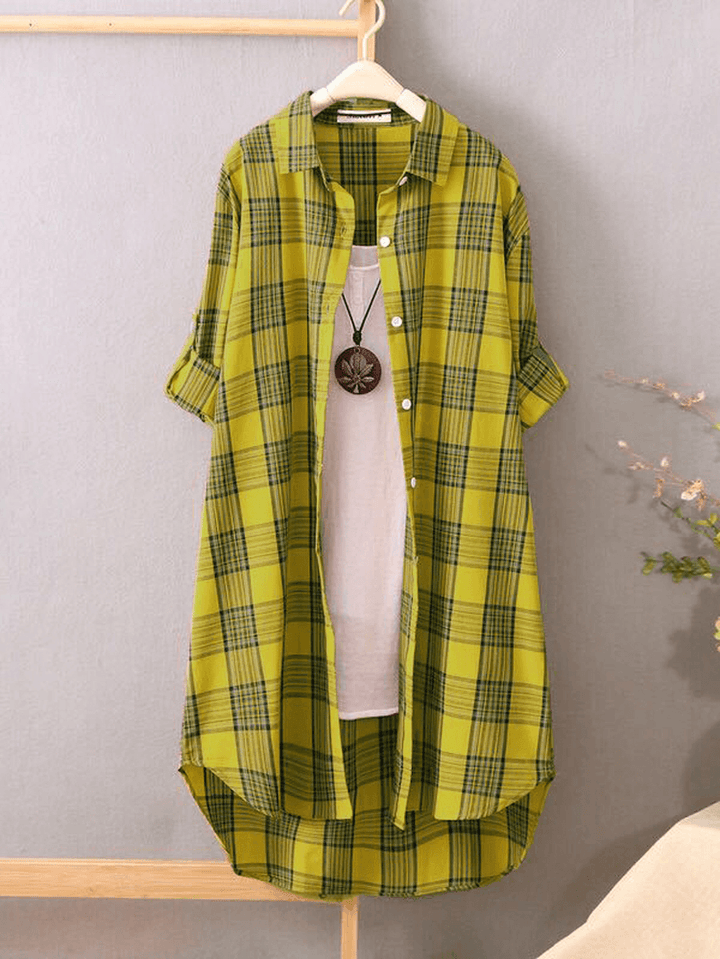 Women Plaid Lapel Collar Long Sleeve Casual Long Shirts