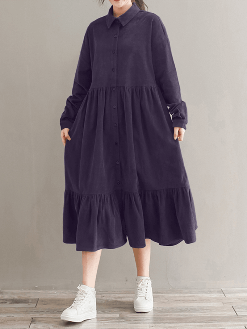 Women Corduroy Casuallace-Up Ruffles Hem Loose Full Sleeve Mid-Calf Length Midi Dress