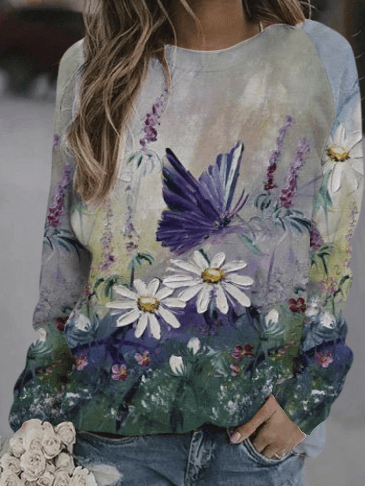 Women Flower Butterflies Art Illustration Print Long Sleeve Blouses - MRSLM