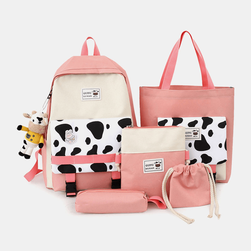 5 PCS Canvas Preppy Cow Pattern Multifunction Combination Bag Backpack Tote Crossbody Bag Clutch Wallet - MRSLM