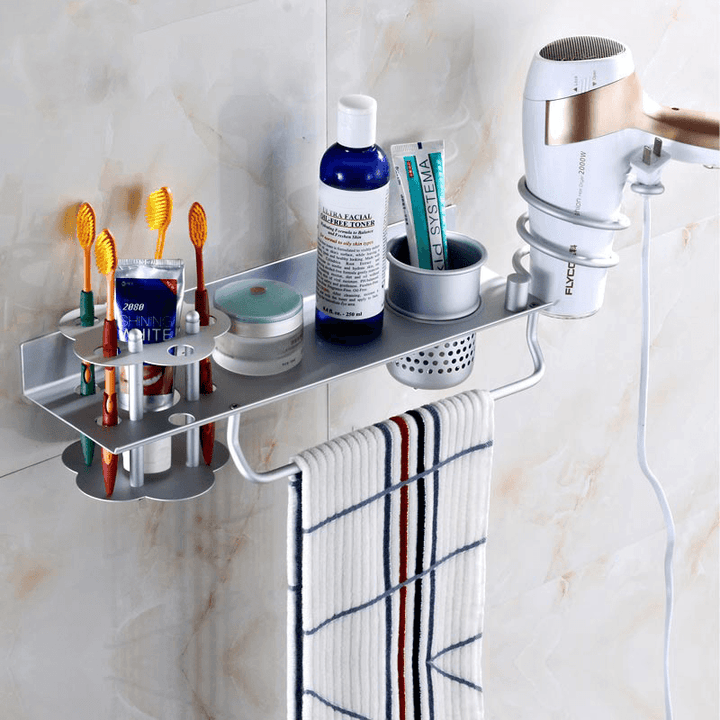 BR-32 Bathroom Wall Mount Hanging Storage Rack with Hair Towel Holder and Toothbrush Shelves