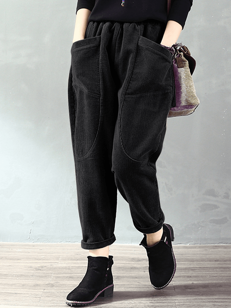 Corduroy Elastic Waist Loose Causal Pocket Pants - MRSLM