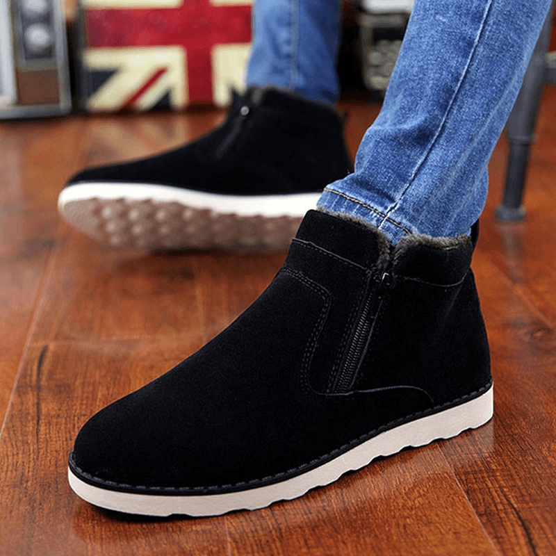 Men Comfortable Side Zipper Warm Fur Lining Suede Ankle Boots