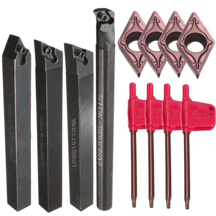 4Pcs S10K-SDUCR07/SDJCR/SDJCL/SDNCN1010H07 Turning Tool Holder Set with 4Pcs DCMT0702 Inserts